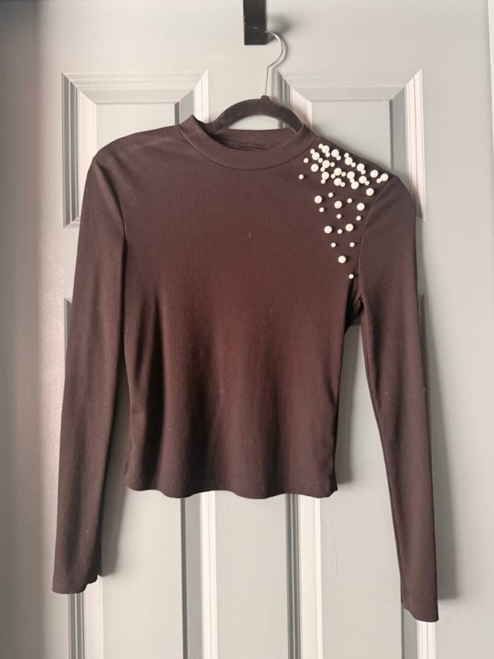 Black Ribbed Long Sleeve Top with Pearl Embellished Shoulder